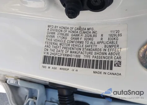 2021 Honda Civic Sport из США, поврежденный, VIN 2HGFC2F8XMH511888